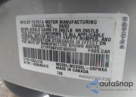 2002 Toyota Camry Solara Sle V6 z USA, uszkodzony, nr VIN 2T1FF28P42C600566